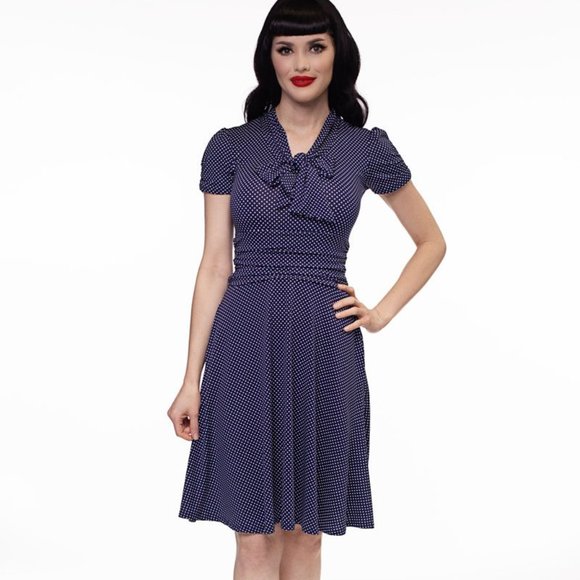 Retrolicious Dresses & Skirts - 1X Retrolicious navy polka dot vintage style midi stretch fit & flare dress